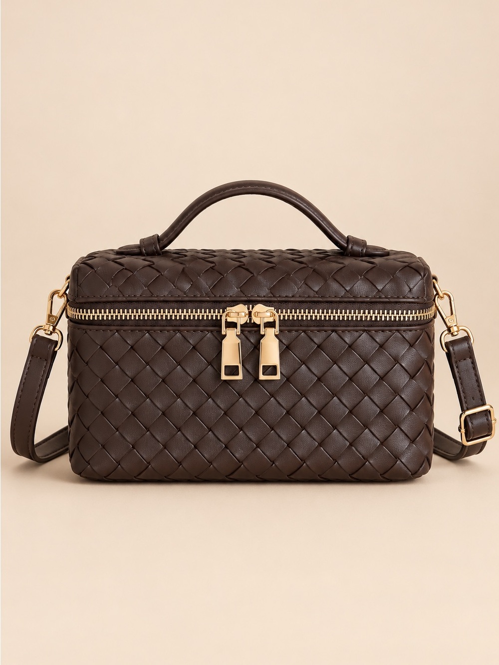 Madison West Chocolate Woven Top-Handle Crossbody Bag with Gold Hardware